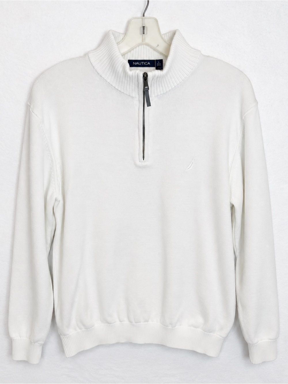 Nautica Men’s Large White Quarter Zip Pullover Sweater Mock Neck Logo L